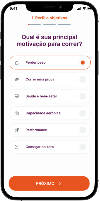 Tela do aplicativo MeuTreino com escolha de motivação para correr